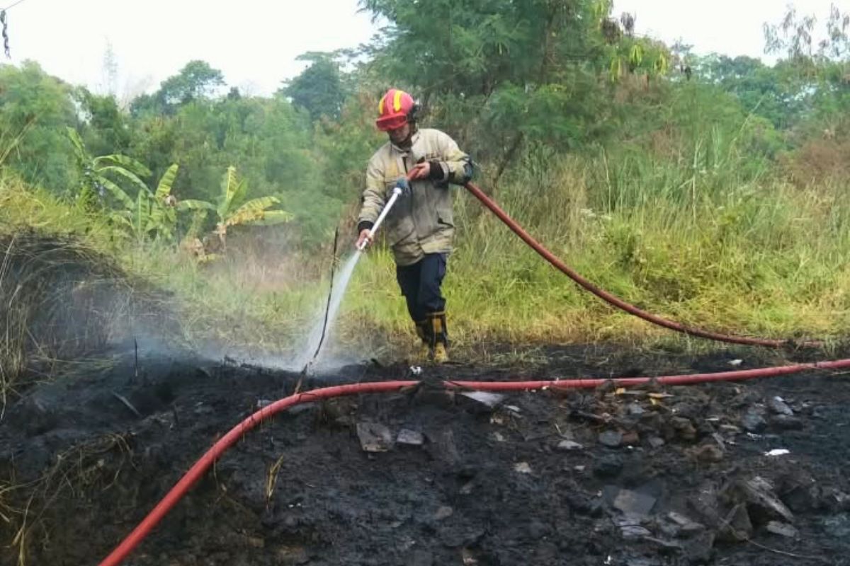 Petugas Damkar Ciamis memadamkan kebakaran lahan yang dipenuhi ilalang kering di Dusun Lebak Lipung, Desa Imbanagara, Kecamatan Ciamis, Minggu (16/8/2026). Shotlist.id/Foto: Yuni Widiawati